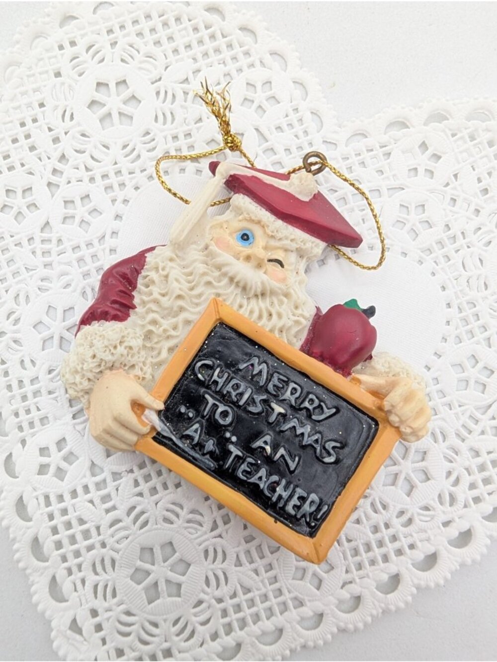 Vtg.House of Lloyd Ornament Christmas Santa School Teacher Chalkboard Apple 2.5"